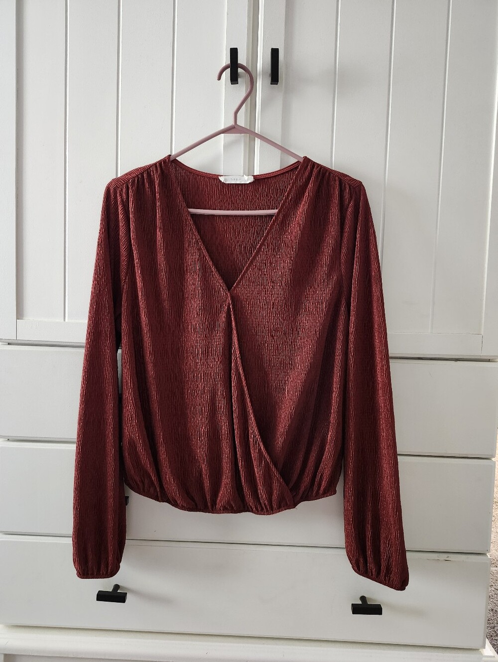 Lush Women's deep Brick Red Wrap-Front Long Sleeve Blouse Sz S